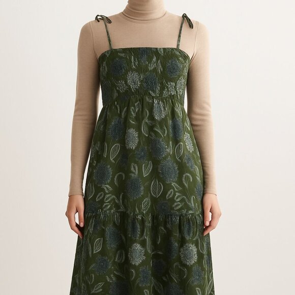 Zara Smocked Boho Lightweight Cotton Midi Tiered Floral Green Sundress Large - Picture 9 of 16
